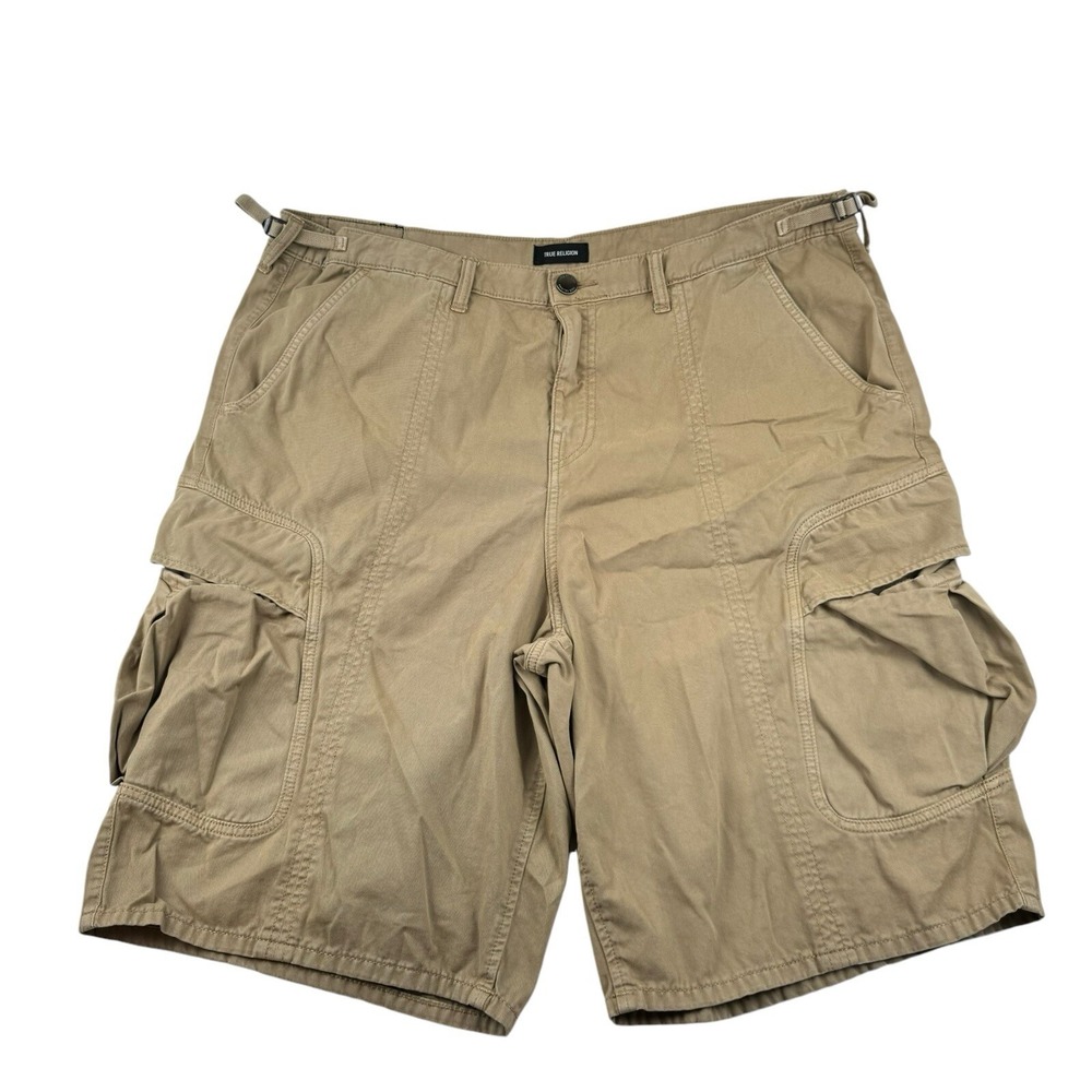 True Religion Mens Tan Military Cargo Shorts Baggy Tapered Side Tab Size 40